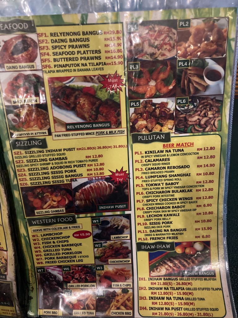 Filipino food menu